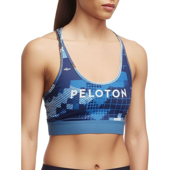 Adidas Peloton L Sports Bra Blue Geometric Racerback Athletic Workout - Picture 2 of 9